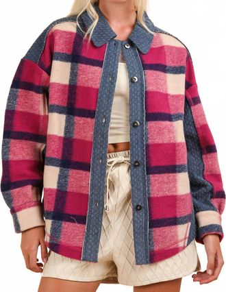 Very J Textured Denim Contrast Plaid Shacket In Pink