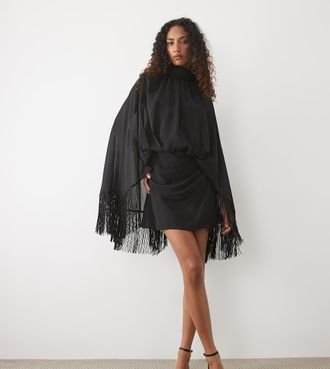 Asos Tall ASOS DESIGN Tall vestito corto con spalline imbottite, collo annodato e maniche con frange nero