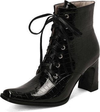 Generic Womens Fashion Square Toe Lace Up Ankle Boots Block Heel Faux Fur Lined Comfort Casual Winter Shoes (Black,5.5)