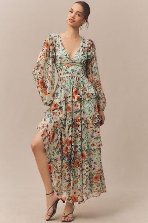 BHLDN Floral Chiffon Plunge Long-Sleeve Ruffle Maxi Dress