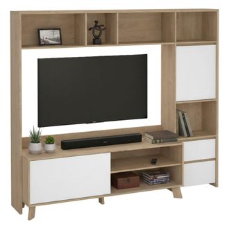 Dmora Dmora - Mueble De Televisi&oacute;n Calabria, Aparador De Sal&oacute;n, Mueble Bajo Para Tv, Base De Pared Equipada, 209x48 H183 Cm, Roble Y Blanco Brillante