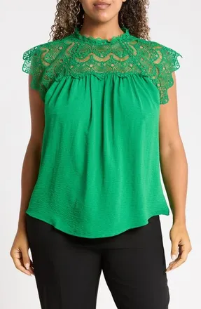Rain + Rose Lace Yoke Flutter Top in Green at Nordstrom, Size 3X