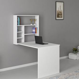 Dmora Escritorio Veglio, 5 Estantes, 6 Compartimentos, Con Librer&iacute;a, 59x90x74h Cm Blanco