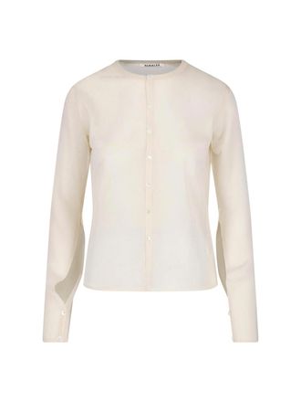 Auralee Silk Cardigan with Semi-Transparent Design and Button Closure