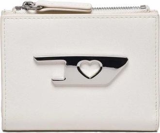 Diesel Compact White Leather Wallet With Zippered Compartment And Metallic Emblem