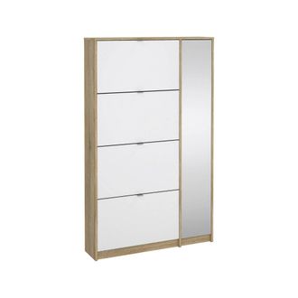 No Brand No Brand - Zapatero Dmora De Cuatro Puertas Con Solapa Y Una Puerta Espejo Con Tres Estantes Internos, Color Roble Y Blanco Brillo, 101 X 163 X 24 Cm