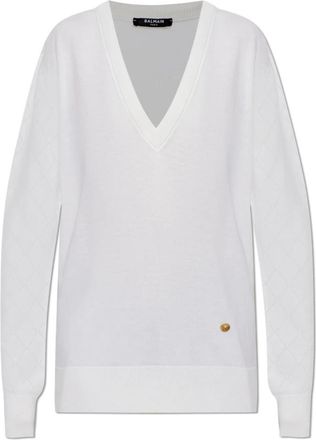 Balmain Wool V-Neck Sweater - Dames - V-hals truien - Wit - S - Wol - Truien & Vesten