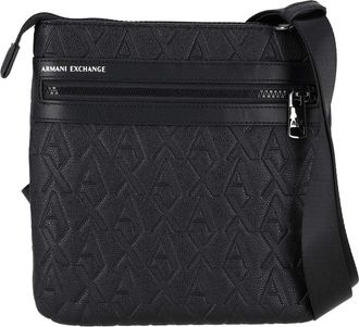 A|X Armani Exchange Men Double Pocket Embossed Monogram Texture Crossbody, Black, One Size