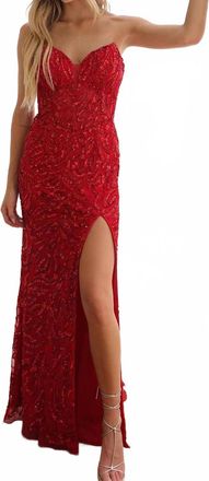 Primavera Strapless Beaded Sequin Prom Dress In Red