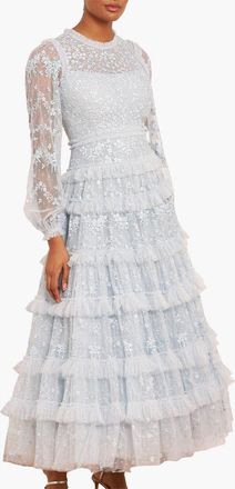 Needle & Thread Blossom Long Sleeve Lace Ankle Gown in Cloud at Nordstrom, Size 16