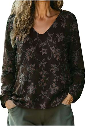 Generic Womens Spring Shirts UK Vintage Ethnic Floral Print Tops Dressy Casual Long Sleeve V Neck Loose Fit Blouse Ladies Lightweight Going Out T-Shirts Comfy