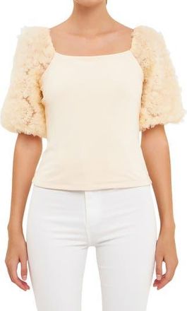 endless rose Tulle Puff Sleeve Blouse in Ivory at Nordstrom Rack, Size X-Small