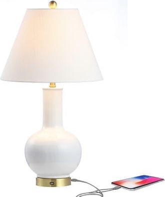 Jonathan Y Designs Han 27 Ceramic/Iron Contemporary USB Charging LED Table Lamp, White/Brass Gold at Nordstrom