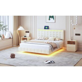 OEM Cama Doble 160x200 Dise&ntilde;o Flotante Con Led Rgb Y Usb, Cama Para 2 Personas En Tela De Lino, Cabecera Ajustable