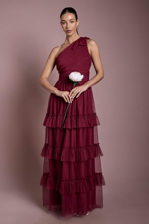 Oasis Womens Wine Pleated Mesh One Shoulder Tiered Maxi Bridesmaid Dress - Size 14 UK