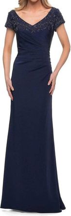 La Femme V-Neck Fitted Evening Dress In Navy