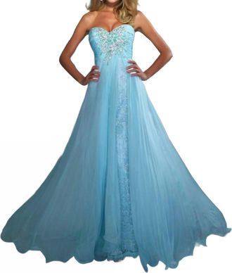 Mac Duggal Ruched Sweetheart Prom Dress With Beaded Sunburst Applique In Ice Blue