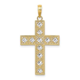 Diamond2Deal 14k Yellow Gold and White Rhodium Diamond-cut and Cut-Out Cross Charm Pendant