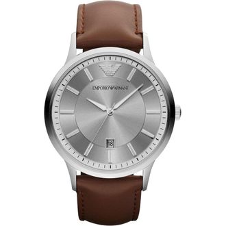Emporio Armani AR2463 Heren Klassieke Zilveren Wijzerplaat Horloge met Leren Band