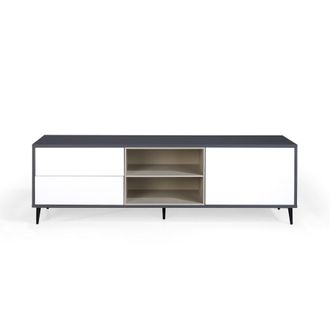 Pondecor Interiorismo Mueble TV BASILEA en MDF gris, blanco y vis&oacute;n. Patas met&aacute;licas negras