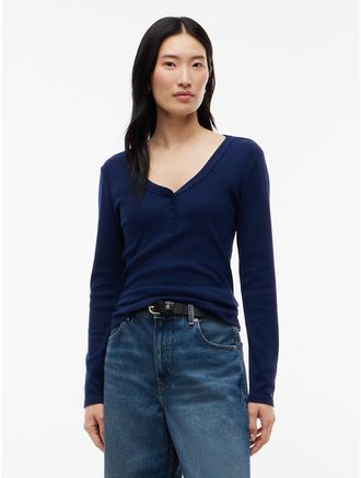 Tommy Hilfiger Womens Gold-Button Rib-Knit Henley - Carbon Navy - XXL