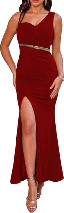 Angel Fashions Womens One Shoulder Ruched Gold Sequin Slit Pelumn Red Prom Evening Dress Size 10