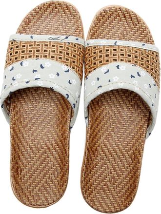 Yardwe Printing Thick Bottom Open Toe Slippers, Non-slip Linen Flat Slippers with Floral Pattern, Green Size 39-40 for Indoor Home Summer Use