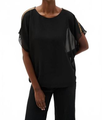 Joseph Ribkoff Sequined Shoulders Chiffon Poncho Top In Black/bronze