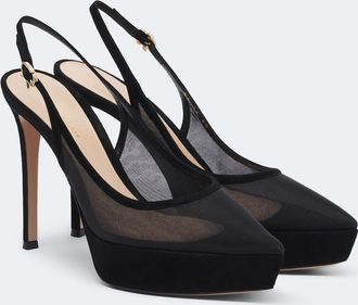 Gianvito Rossi Suede-trimmed mesh platform slingback pumps