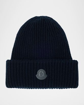 Moncler Men & apos;s Cashmere Rib Leather-Logo Beanie Hat