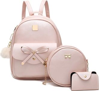 I Ihayner Girls Bowknot 3-Pieces Fahsion Leather Backpack Backpack Purse for Women Rucksack for Ladies Shoulder Bag Pink