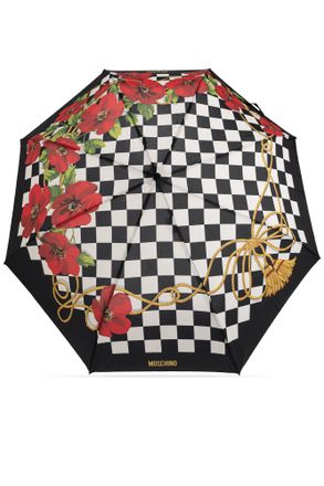 Moschino Folding Umbrella With Floral Motif, Unisex, Black