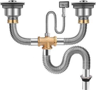 OEM Vidage Complet Evier Double Cuve - Tuyau 80 Mm - Joint Etanche S - Acier Inoxydable - Pour Cuisine Domestique Et Professionnelle - 1 Unite