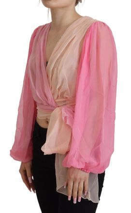 Dolce & Gabbana Womens Pink Silk Wrap Long Sleeves Blouse Top