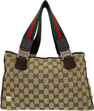 Gucci Brown Green Red Color Canvas Leather Handbag Tote Bag (Pre-Owned)