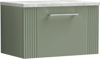 Balterley Balterley - Retro 1 Drawer Wall Hung Vanity Unit with Bellato Grey Laminate Worktop - 600mm - Satin Green