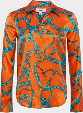 L'agence Womens Tyler Long Sleeve Blouse In Orange/teal Buckle Chain