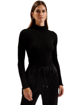 Ted Baker Womens Wmk-janittt-Rib Funnel Neck Frill Jumper Sweater, Black, 14 UK