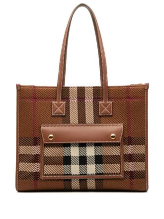 Burberry 2018-2025 Small Mega Check Canvas Freya tote bag - women - Calf Leather/Canvas/Leather - One Size - Brown