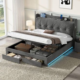 Merax Grey Velvet 5ft King Size Ottoman Storage Bed Frame with LED & Drawers