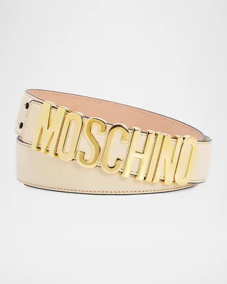 Moschino Men & apos;s Lettering Logo Leather Belt, Sand