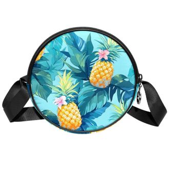 Generic Circle Crossbody Bag for Women, Tropical Pineapple Small Sling Bag Daypack with Zipper Adjustable Shoulder Straps Casual Ladies Girls Round Purse