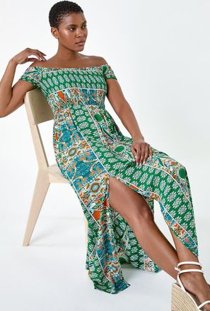 Roman Patchwork Shirred Bardot Maxi Dress