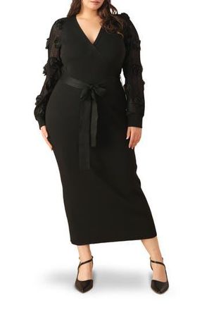 Flying Tomato Floral Appliqu&eacute; Sleeve Sweater Faux Wrap Dress in Black at Nordstrom Rack, Size 2 X