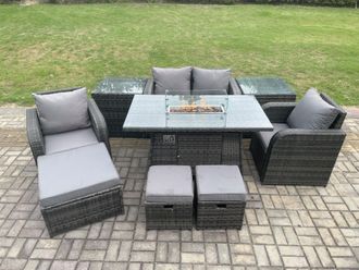 Fimous Rattan Garden Furniture Set Outdoor Patio Gas Fire Pit Dining Table & Chairs with 2 Side Table in Dark Grey