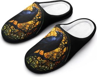 Generic Crow Glass Window Mens Warm Slippers Non-Slip Sole Winter Rubber Cotton Shoes for Bedroom