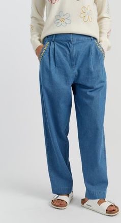 Chinti and Parker Chambray Daisy Wide-Leg Pants in Spring Blue at Nordstrom, Size 10