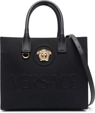 Versace Zwarte Canvas/Leren Schoudertas - Dames - Shoppers - Zwart - ONE Size - Leer - Tassen