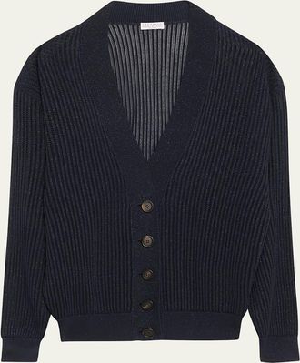 Brunello Cucinelli Echo Metallic Open Knit V-Neck Cardigan