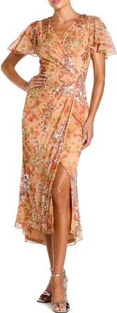 Mac Duggal Embellished Floral Flutter Sleeve Midi Dress in Apricot at Nordstrom, Size 16